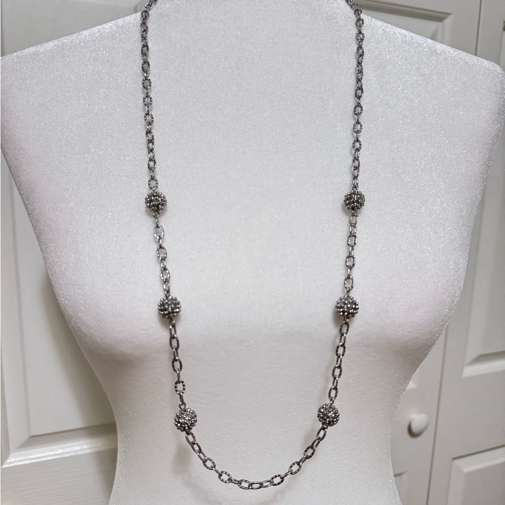Talbots Silver Tone Ball Bead Station Necklace 32in + 3in Extender Long Layering